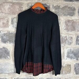 Loft Sweater Medium Black‎ Red Plaid Ruffle Long Sleeve Knit Top Holiday Winter